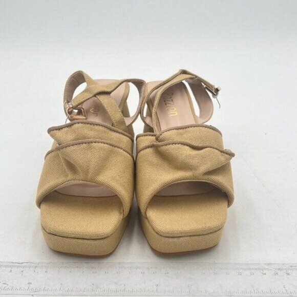Pazzion Khaki Platform Square Toe Pleated Ruffle Chunky High Heels Strap Sandals - Picture 3 of 8